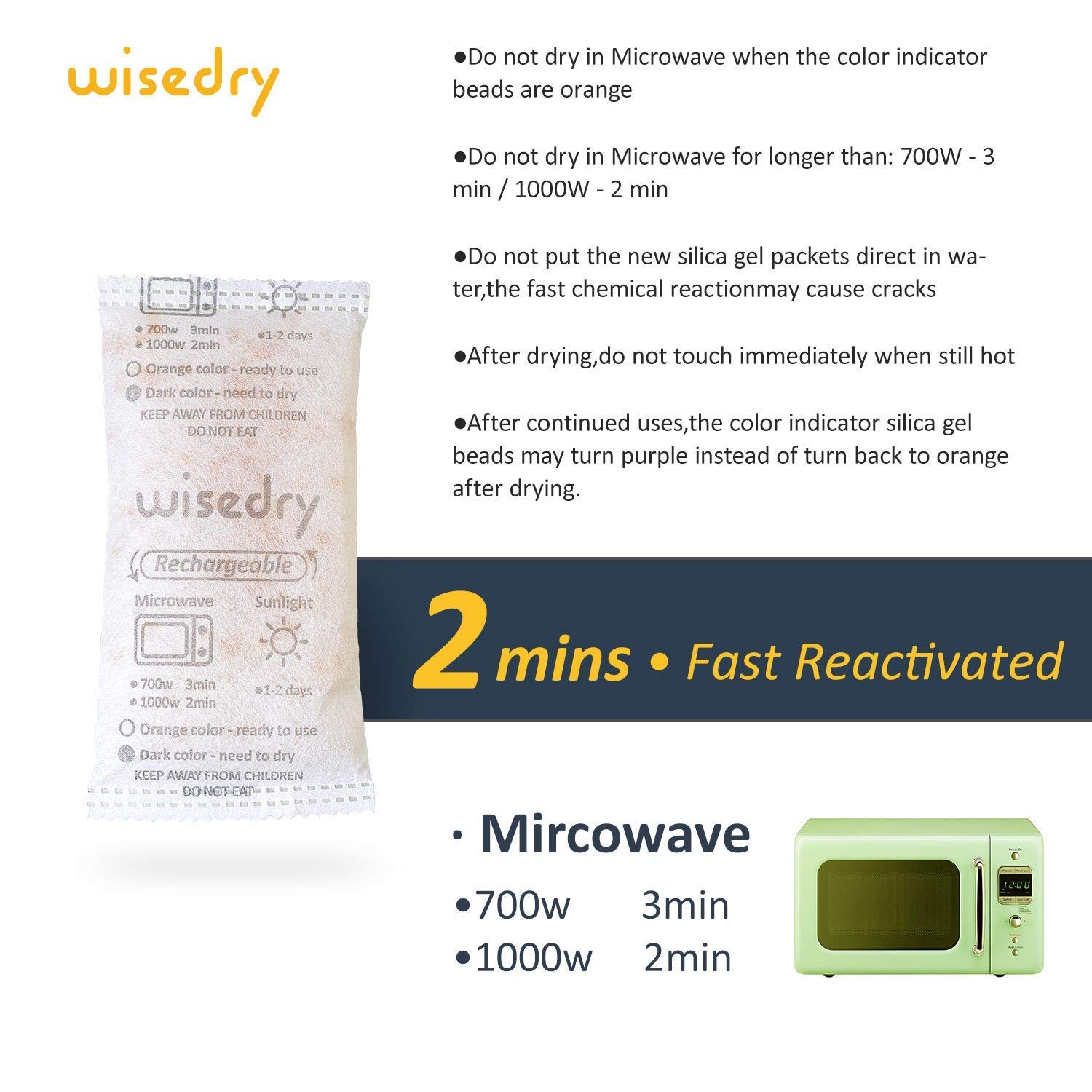 wisedry 50 Gram [10 Packs] Silica Gel Desiccant Packets Microwave Fast