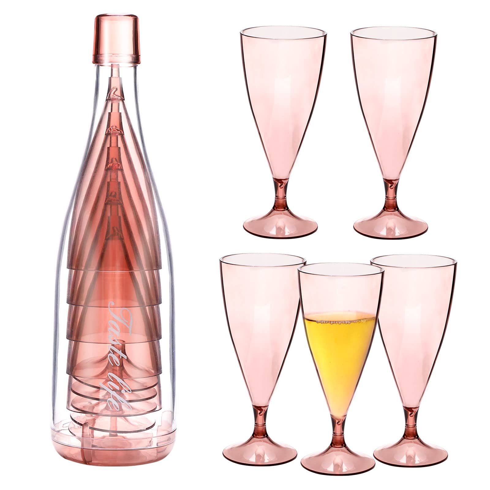 5 Pcs Stackable Champagne Glasses Set,Reusable Unbreakable Wine Flutes with Bottle Container,Shatterproof Elegant Transparent Stemmed Goblet Barware,Perfect for Party,Wedding,Birthday