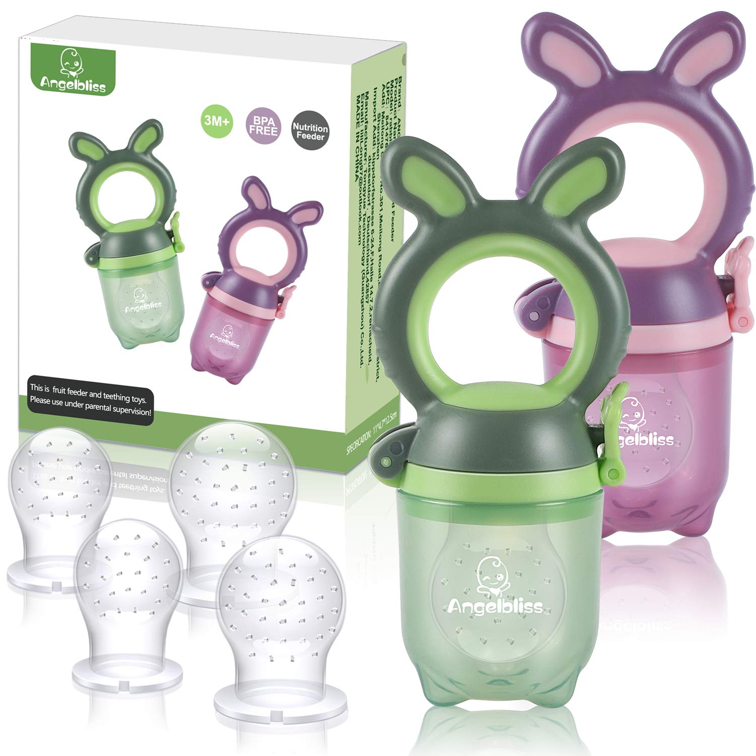 ANGELBLISS Fruchtsauger Baby/Schnuller, Schätzchen Schnuller Gemüse sauger für 3-24 Monate, 6 Silikonbeutel Beißspielzeug,BPA-frei(2 Stück)