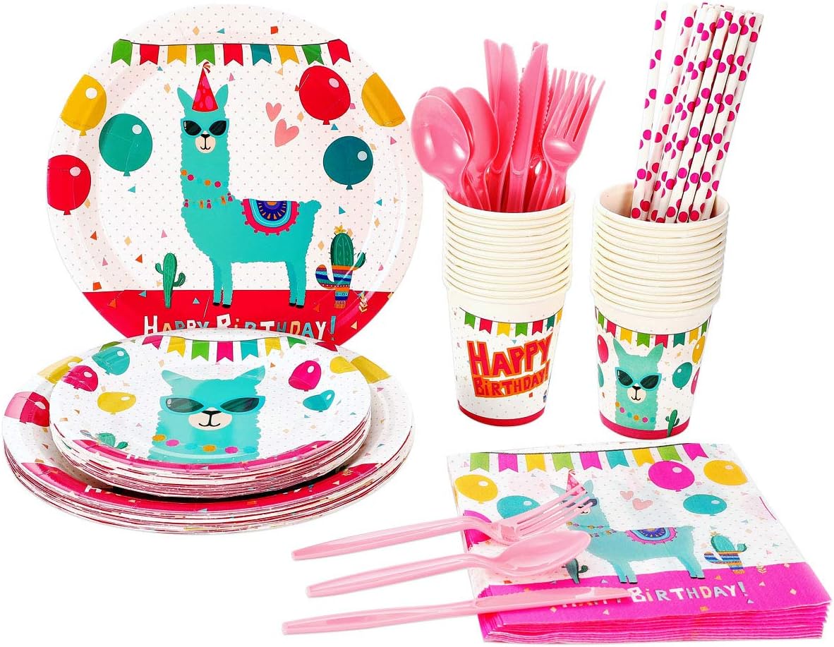 Llama cactus Birthday Party Supplies Set (over 220 pieces) For Girl Kids- Serves 24 Guests- Alpaca Theme Disposable Tableware Pack, Includes Paper Plates, Napkins, Cups, Knives, Forks, Spoons