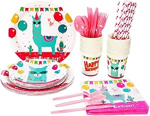 Llama cactus Birthday Party Supplies Set (over 220 pieces) For Girl Kids- Serves 24 Guests- Alpaca Theme Disposable Tableware Pack, Includes Paper Plates, Napkins, Cups, Knives, Forks, Spoons
