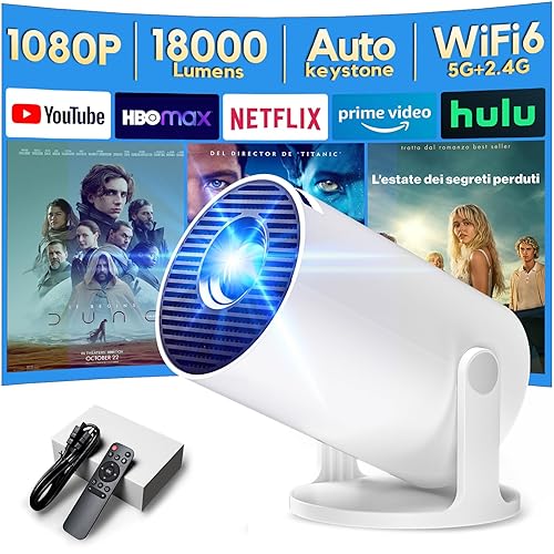 [Built-in Apps & Auto Keystone] AKIYO O2 Projector 2025 Upgraded 18000 Lumen with WiFi6 and Bluetooth 5.4, Mini Projector 1080P Full HD Supported, 180° Rotation Compatible with HDMI/USB/Laptop/PS5