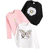 VeryNew 3-Pack Girls Long Sleeve T-Shirt for Fall,Soft Cotton Toddler Top,Cute Graphic Tee for Kids (2-12Y)