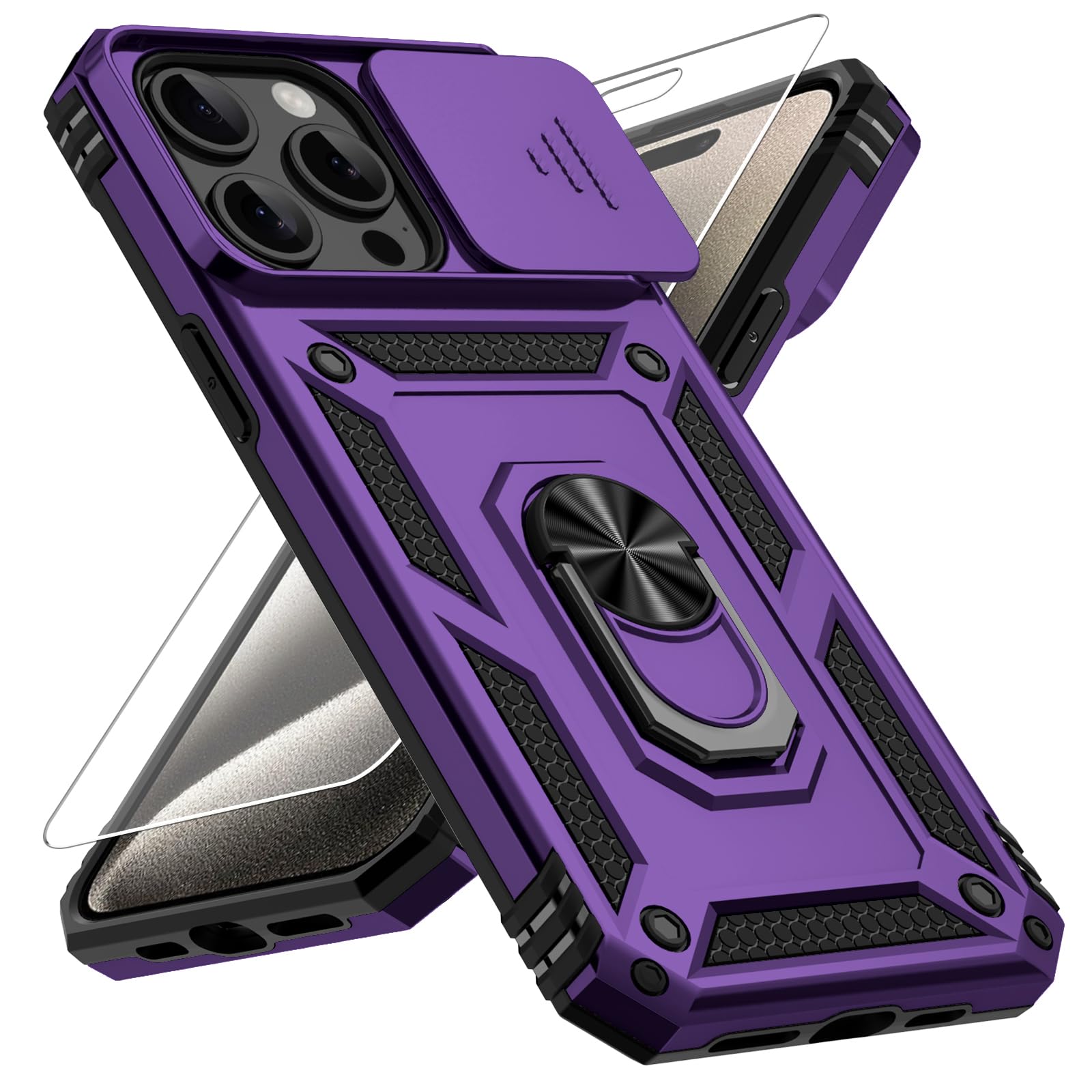 Vinve for iPhone 15 Pro Case, Slide Lens Cover, HD Screen Protector, Military Grade Drop Protection, Magnetic Rotated Ring Holder Kickstand Protective Phone Case (Deep Purple)