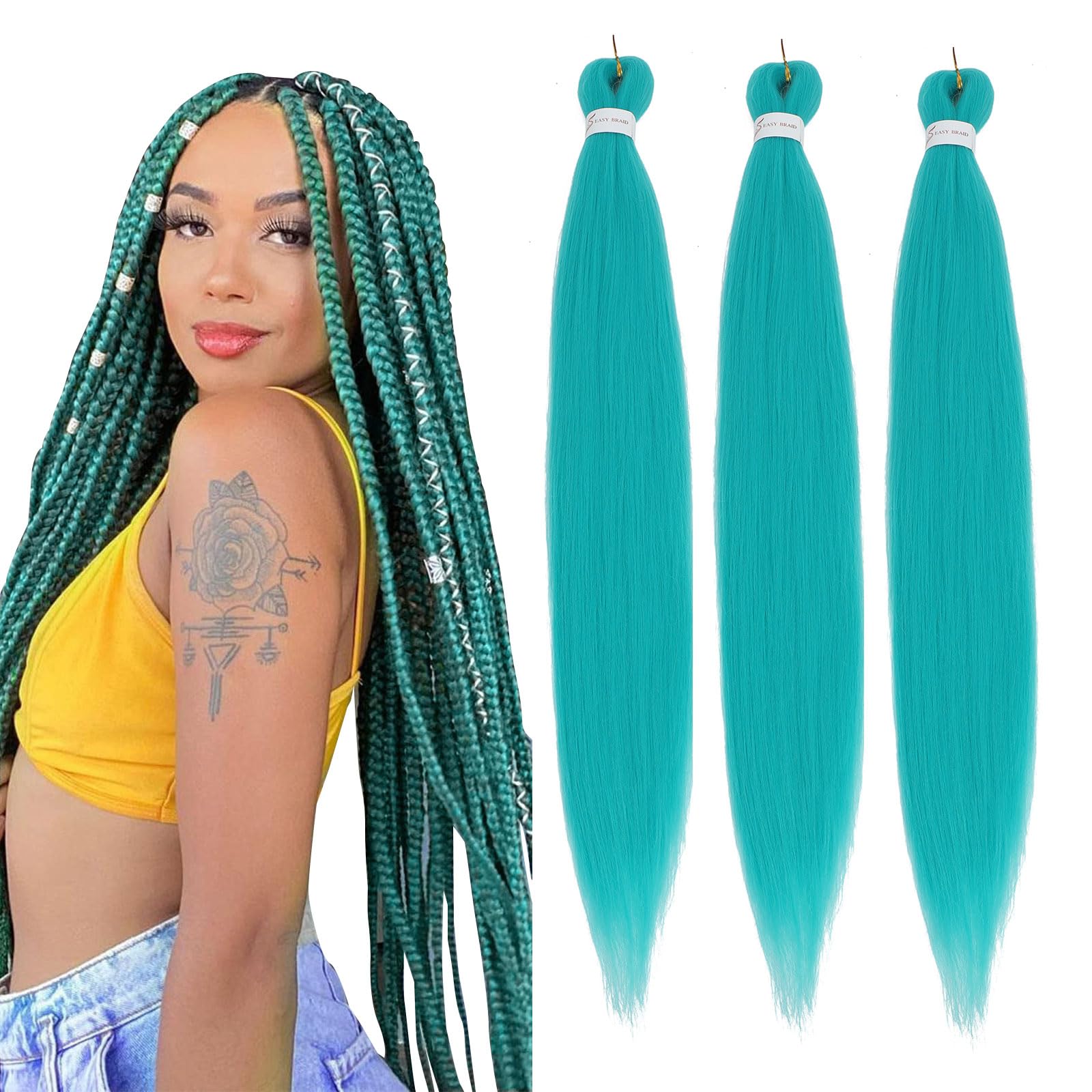 Easy Braid Pre stretched Braiding Hair Extensions - 26 Inch 3Packs Braiding Hair Soft Yaki Texture Crochet Synthetic Hair for Woman Hot Water Setting Crochet Braiding Hair Extensions (Green#). — image 1