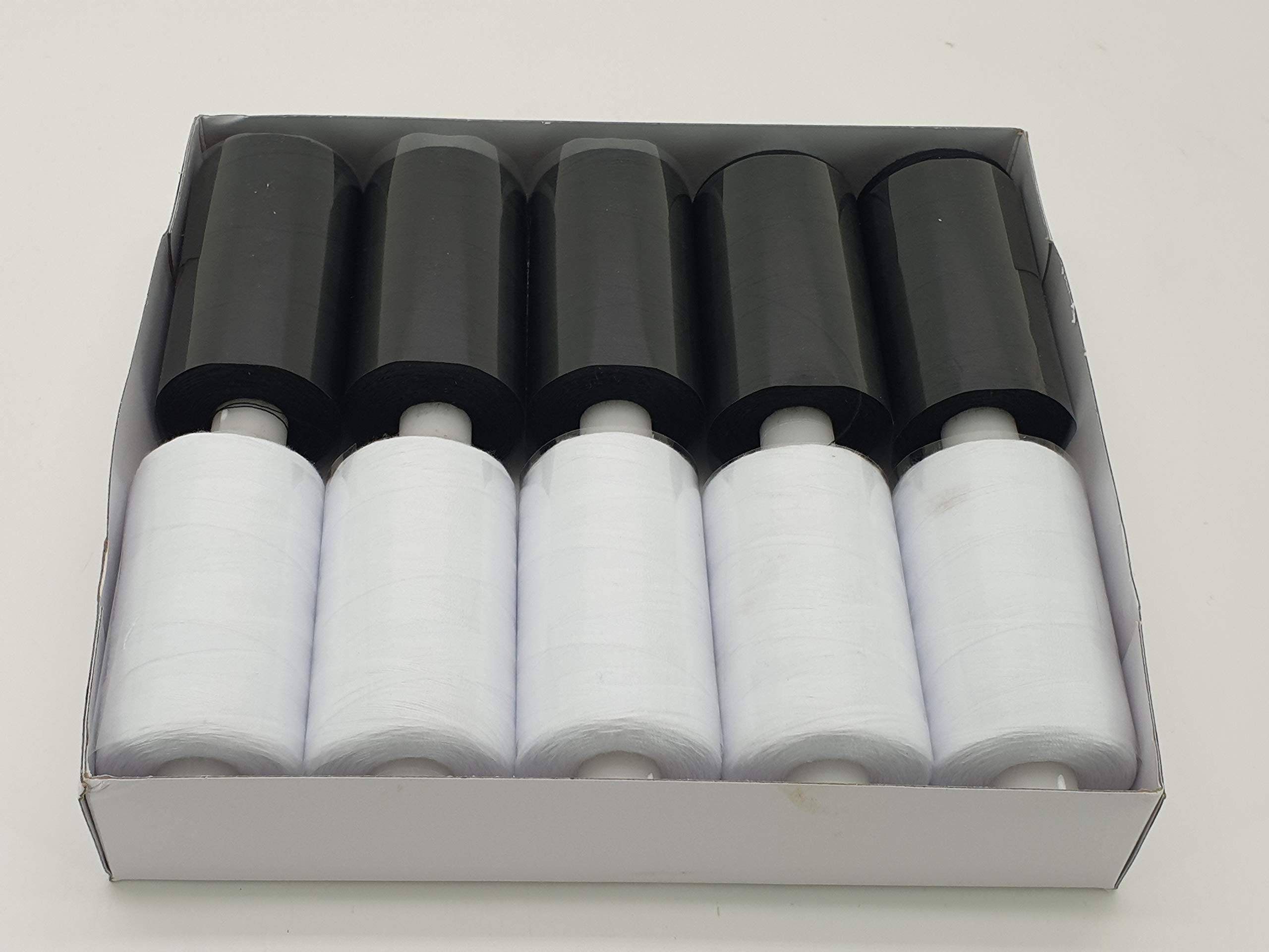10 SPOOLS of 1000 Yards 100% Polyester Sewing OVERLOCKER Thread, Premium Quality by MNJ-Trimmings (5 White/ 5 Black)