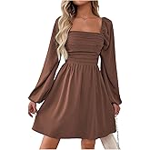 BEAUDRM Women's Y2k Ruched Flowy Mini Dresses Square Neck Long Sleeve A Line Casual Party Short Dress
