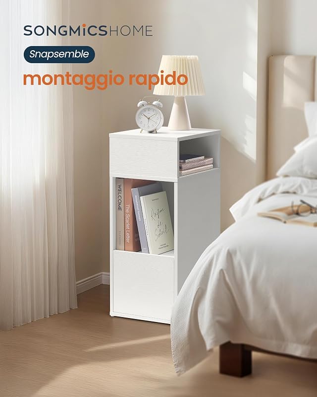 Comodino Sottile, Snapsemble Montaggio Rapido, Tavolino con 2 Scomparti Aperti e 1 Cassetto, per Camera da Letto, 30 x 25 x 59,4 cm, Bianco Neve LET911WE01