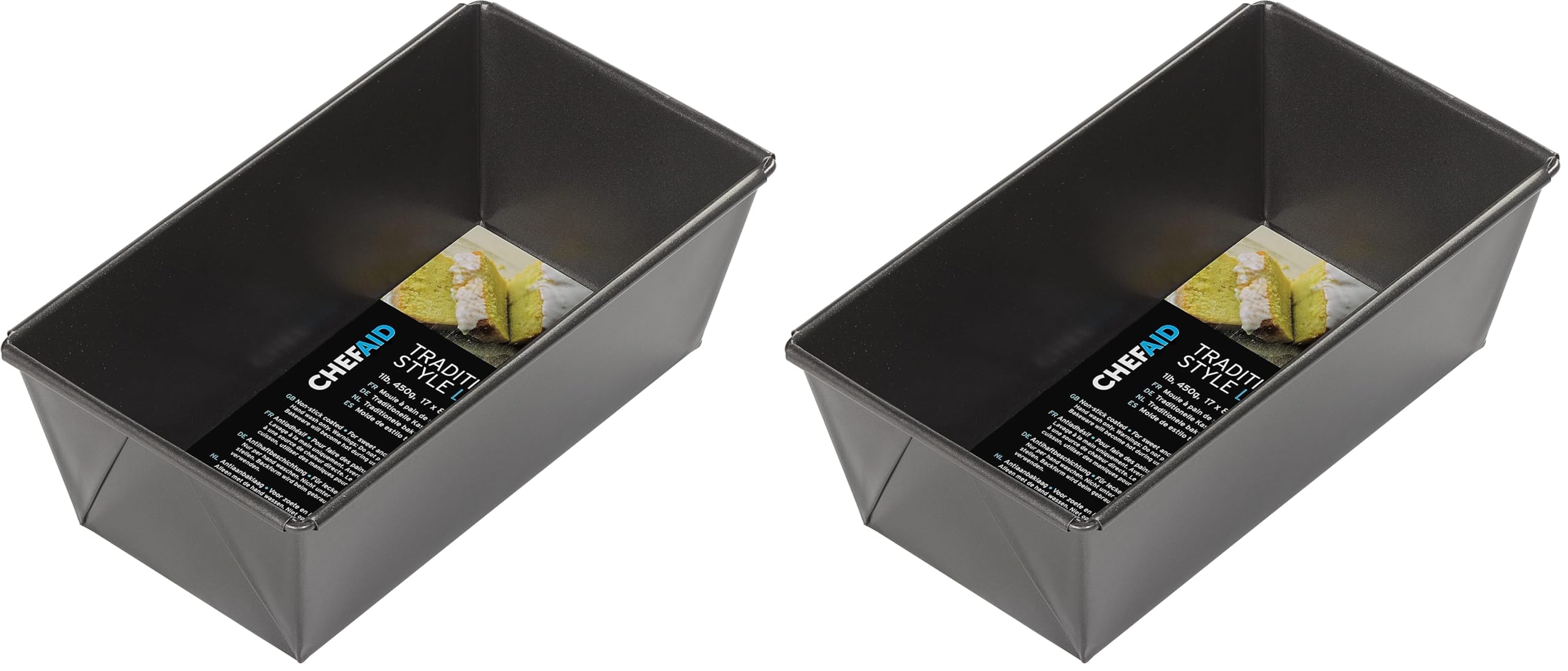 Chef Aid Non-Stick 2lb Loaf Tin, 900g Traditional Rectangular Bread pan Ideal for Bread, Loaves, Cakes. Dishwasher, Fridge and Freezer Safe.,Black, 20cm x 10.5cm x 7cm. (Pack of 2)