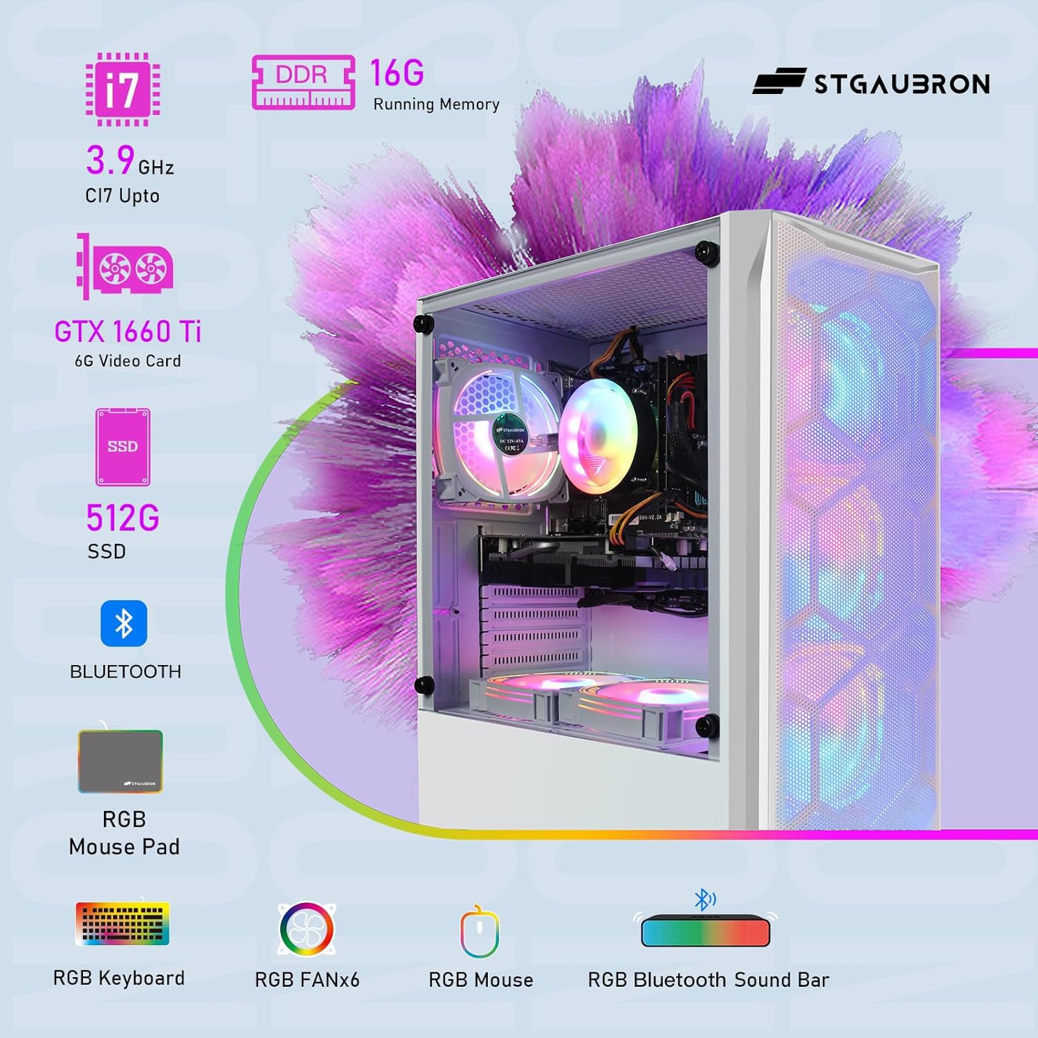 STGAubron Gaming Diamond Desktop, Intel Core i7 3.4 GHz up to 3.9 GHz, 16G RAM, 512G SSD, WiFi, BT 5.0, GTX 1660 Ti 6G GDDR6, RGB Fan x 6, RGB Keyboard & Mouse, Windows 11 Home