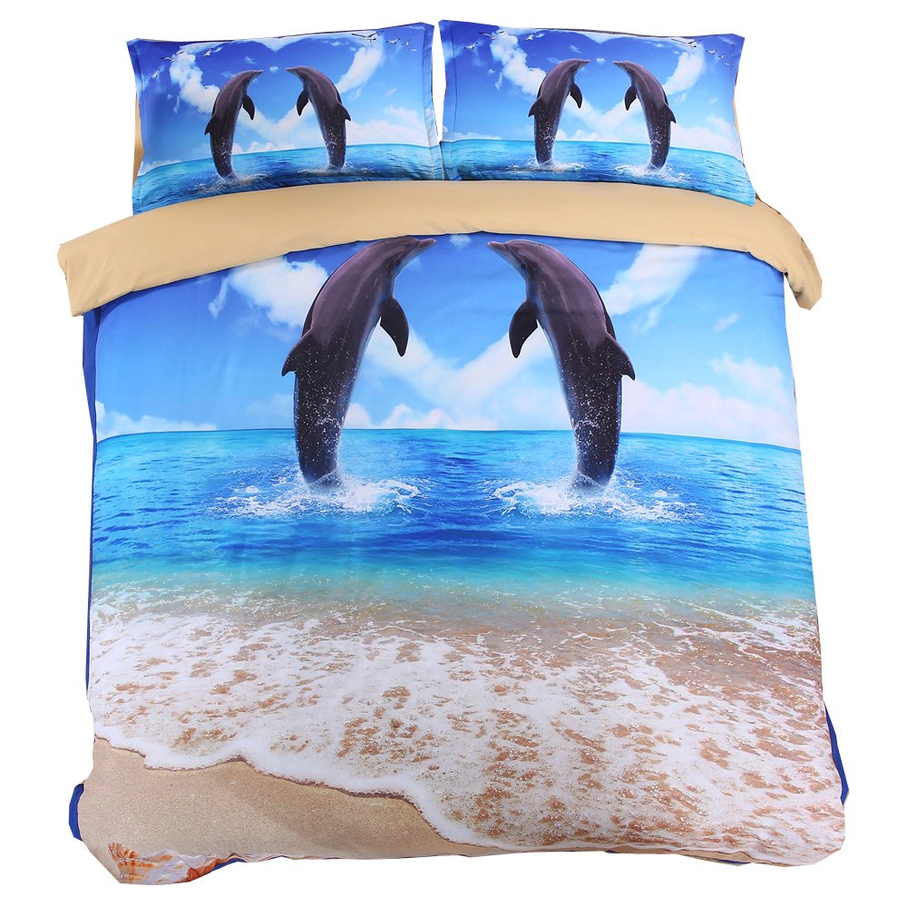 EsyDream King Size Dolphin Ocean Print Bedding Sets,4pc Sets Queen Size Ocean Beach