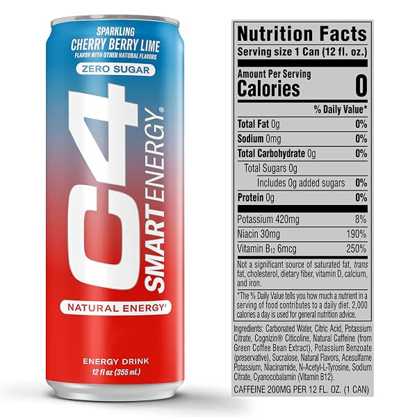 CELLUCOR C4 SMART ENERGY DRINK – BOOST FOCUS AND ENERGY WITH ZERO SUGAR, NATURAL ENERGY, AND NOOTROPICS – 200MG CAFFEINE – CHERRY BERRY LIME (12OZ PACK OF 12)