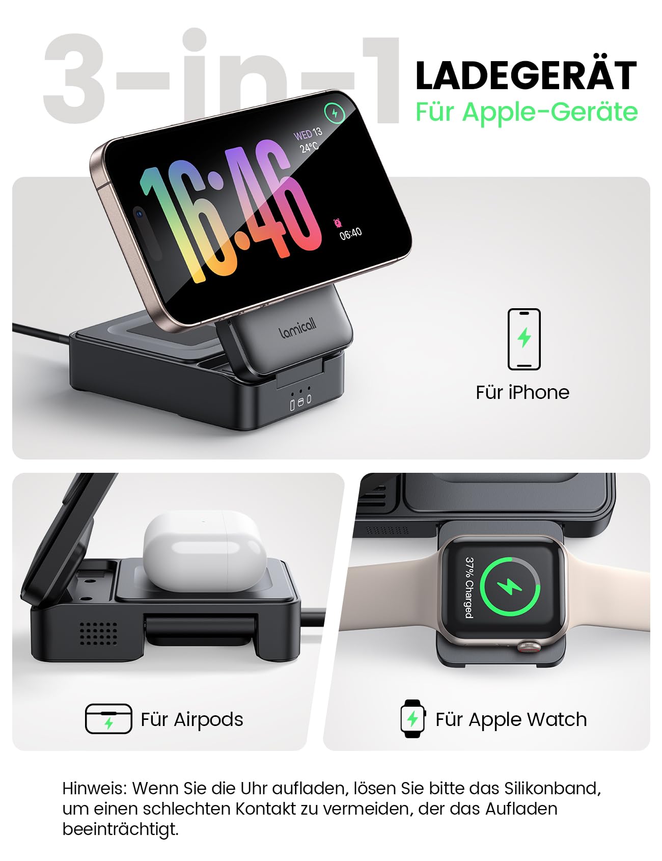 Lamicall 3 IN 1 Ladestation für MagSafe Ladegerät - [Faltbar & Tragbar] Kabellose induktive Ladestation Apple Watch und iPhone, Reisen Wireless Charger für iPhone 17/16/15/14 Pro Max Plus Air, AirPods 4