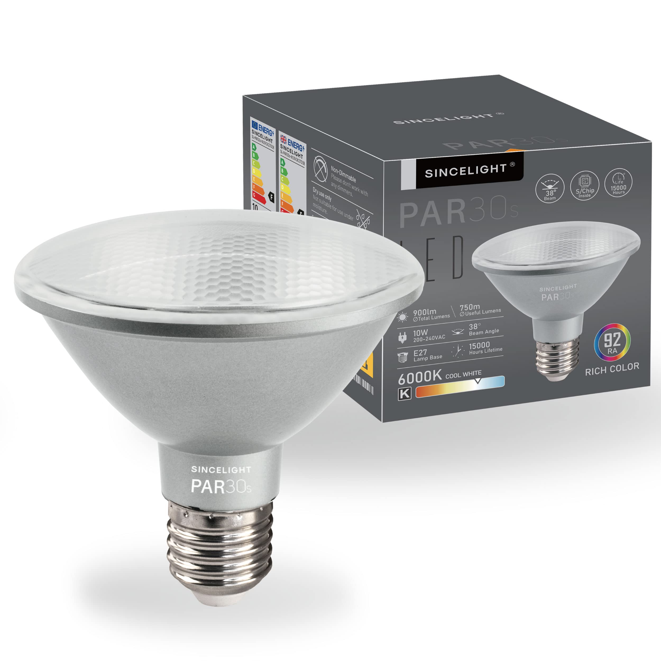 SINCELIGHT PAR30s LED Light Bulb with E27 Base, with 38° Optical Reflector, 10W, Vivid Color RA>92, Cool White 6000K, 900 Lumens Equivalent to 90W Halogen, Pack of 1