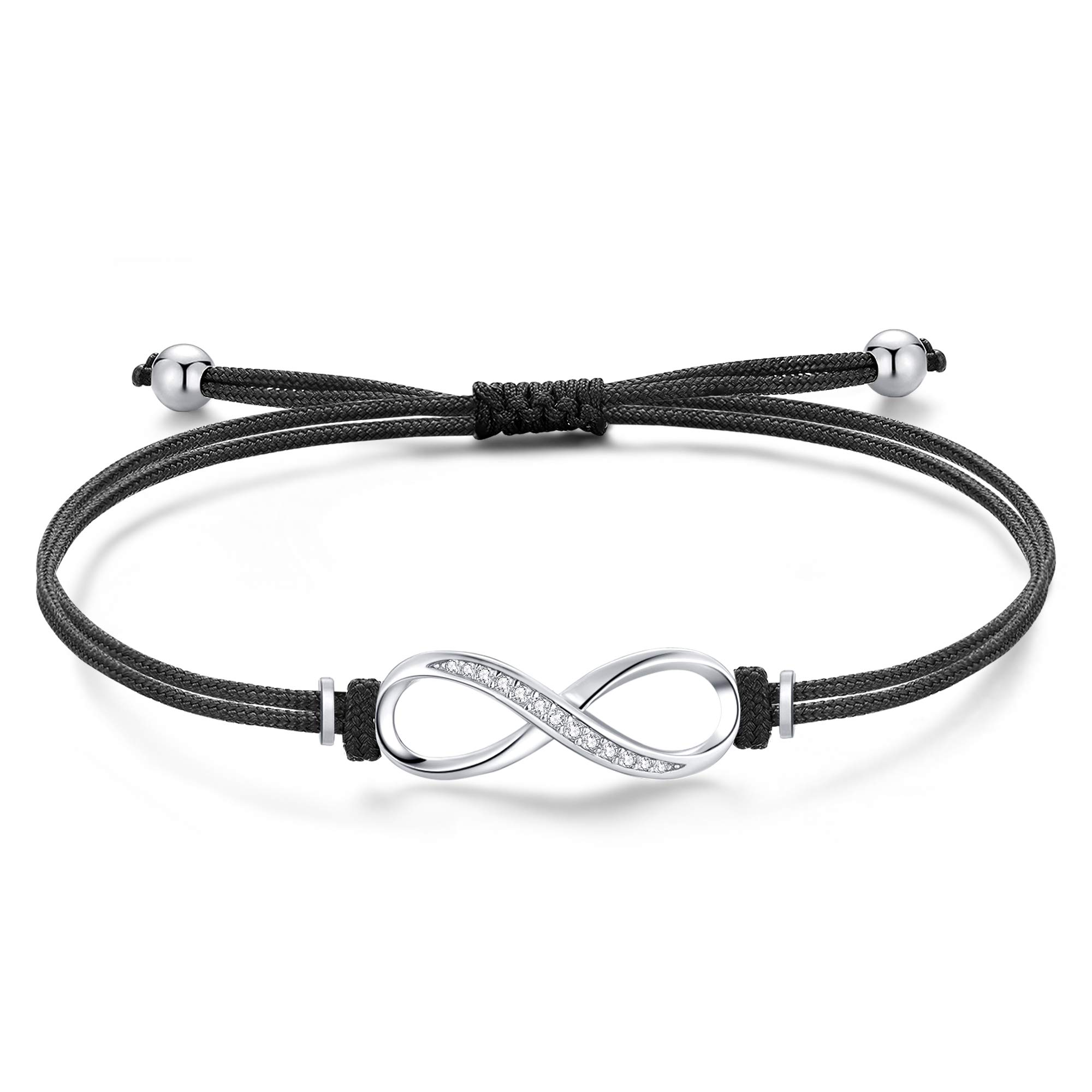 Jrêveinfini Infinity Bracelet for Women Girls Sterling Silver 925 Sister Best Friendship Bracelet Charms Personalised Adjustable Rope Granddaughter Auntie Protection Black String Bracelet Mum
