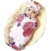 Galabloomer Newborn Receiving Blanket Headband Set Baby Flower Rose Swaddle with Big Bow (Nostalgia Rose)