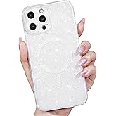LoeoeL for iPhone 14 Pro Max Case Glitter Compatible with Magsafe, Girly Cute Sparkly Magnetic Mag Safe Pretty Phone Case for Women, Bedazzled Bling Sparkle Slim Bright Silicone Rubber Jelly, White