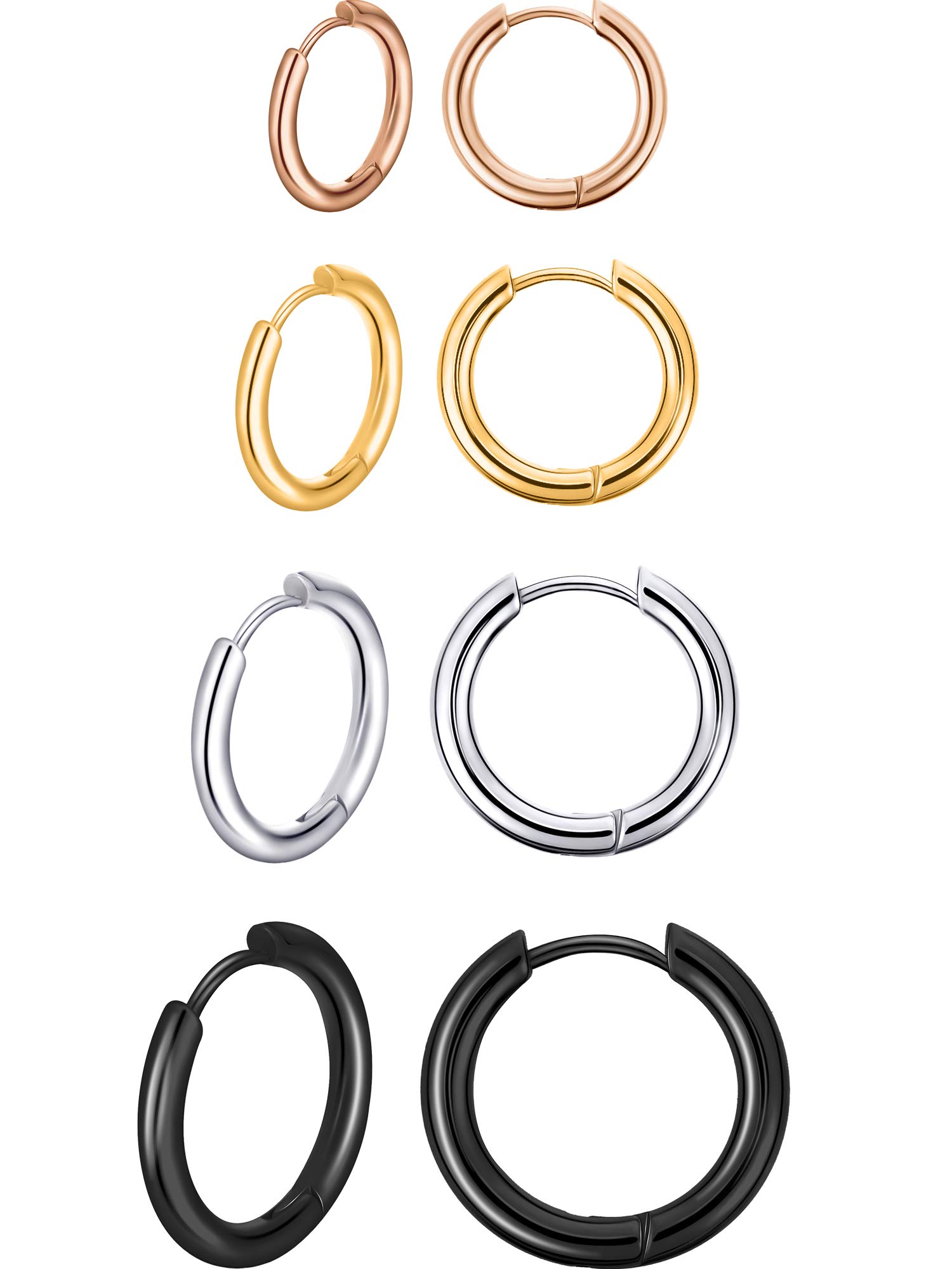4 Pairs Stainless Steel Hoop Earrings Nose Lip Rings Small Cartilage Hoop Earrings for Men and Women Accessory Favors, 8 mm, 10 mm, 12 mm, 14 mm (Rose Gold, Gold, Steel Color, Black)
