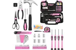 HANGYING 132 Piece Pink Household Tool Set General Household Hand Tool Kit with Plastic Toolbox Storage Case, All Purpose Small Tool Set Great for Home, Garage, Office and College Dormitory Use