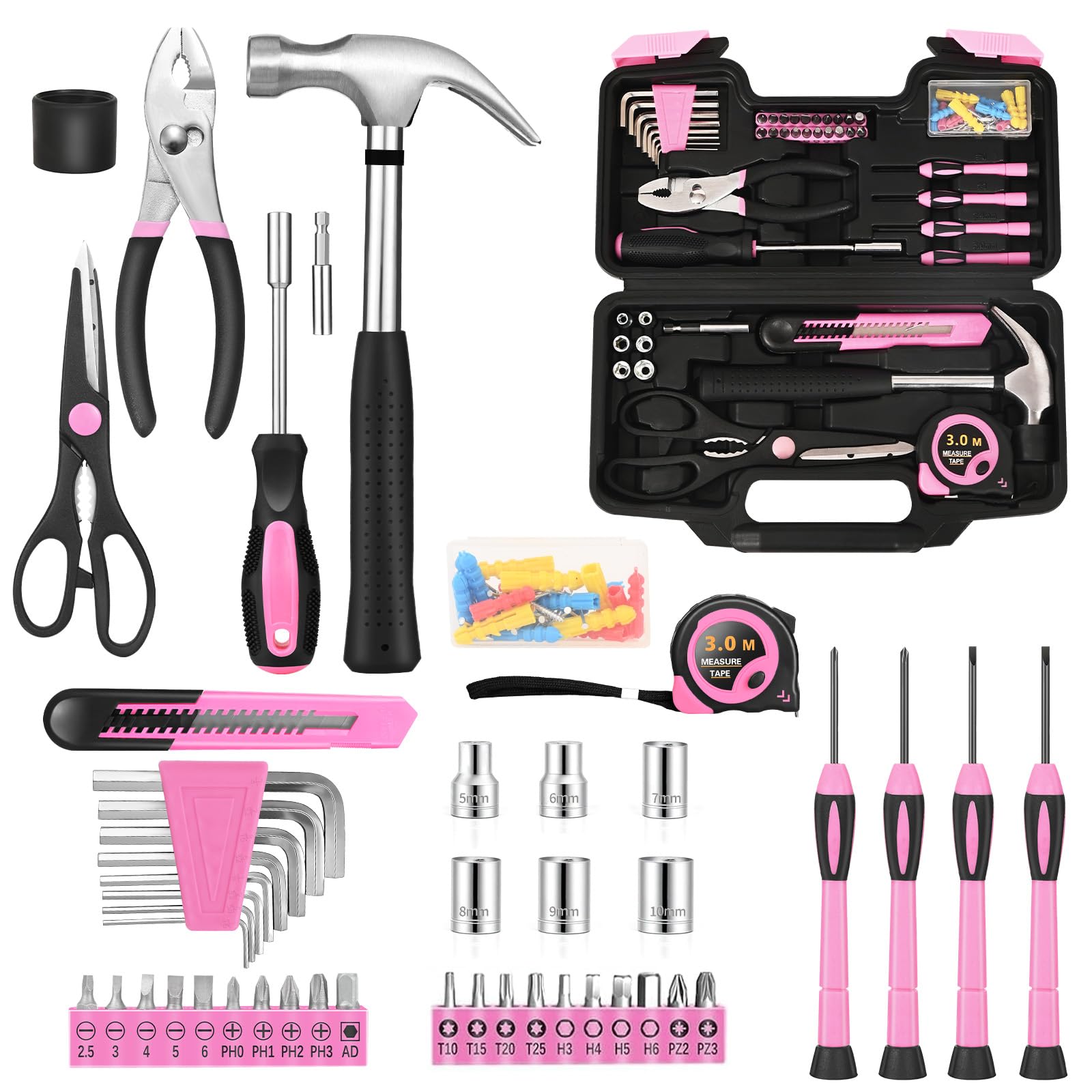 Photo 1 of 132 Piece Pink Household Tool Set General Household Hand Tool Kit with Plastic Toolbox Storage Case, All Purpose Small Tool Set Great for Home, Garage, Office and College Dormitory Use