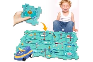 VEOOK 25PCS Puzzle Car Tracks with Vehicles,Puzzle Track Play Set for Toddlers Rail Car Building Toys Gifts for 3+ Years Kids Educational Montessori Toys (Ocean Theme1)
