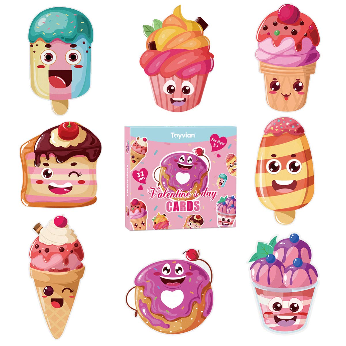 Toyvian Valentines Day Cards for Kids Valentines Cards Set 32PCS,Dessert Cake Greeting Cards 8 Patterns,Children Valentines Day Greeting Cards for Classroom