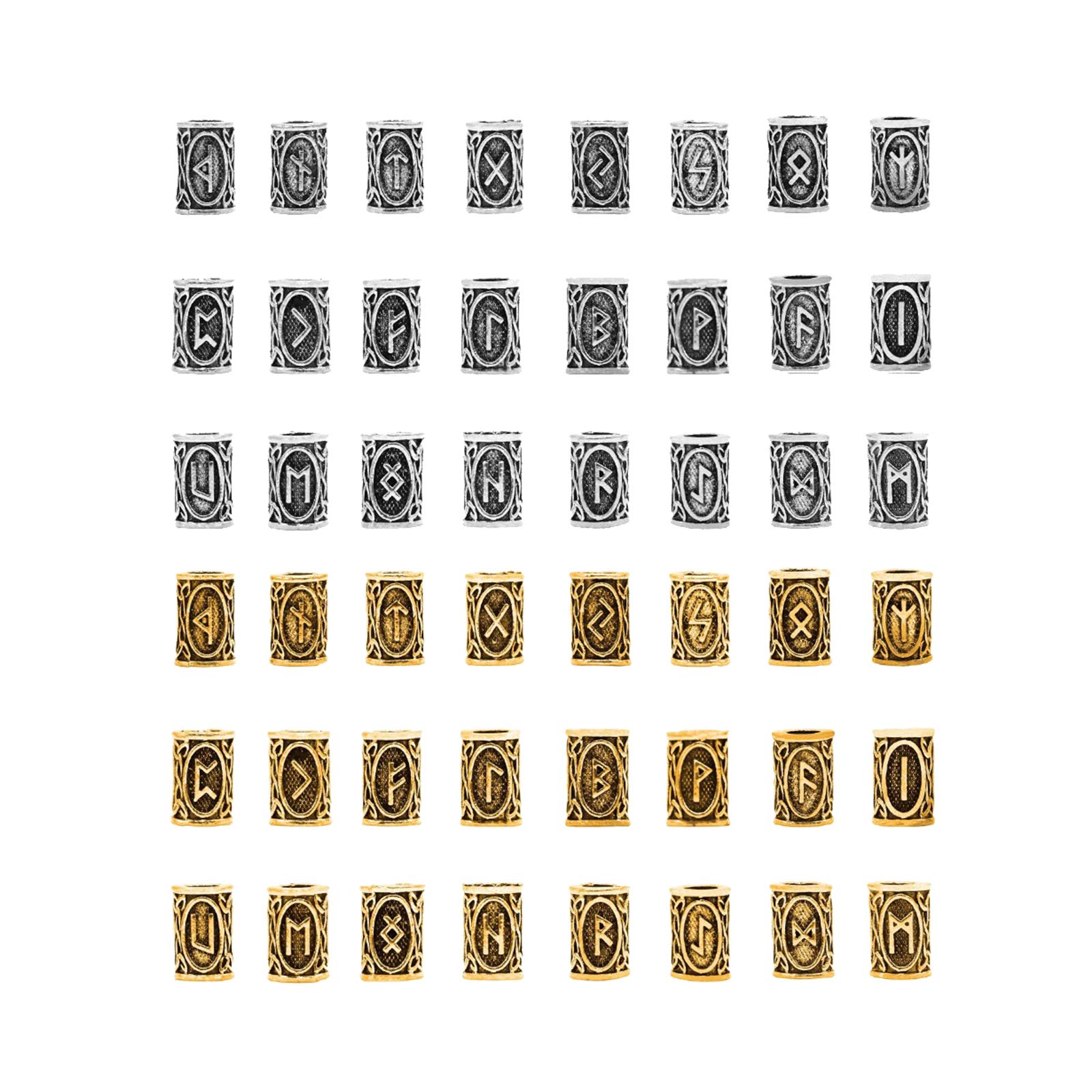 NO 48 Pieces Norse Viking Rune Beads, Vikings Runes Beads,Runes Beads Silver,Antique DIY Bracelet Hair Beards,Suitable for Hair, Beards, Bracelets, Necklaces (Silver+Ancient gold)