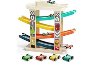 TOP Bright Toddler Wooden Race Track Car Ramp Toys for 1 2 Year Old Baby Motor Skills Race Tracks Car Ramp Vehicle Playsets with 4 Mini Cars and 1 Car Garage