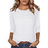 Spring Tops for Women 3/4 Length Sleeve Crew Neck Pleated Blouse Dressy Casual Womens Tops S-XXL