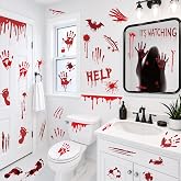 Halloween Bloody Handprint Footprint Wall &amp; Window Stickers, Horror Decor | 8 Sheets Blood Splatter Mirror Decals, Spooky Scary Kitchen Bathroom Floor Stickers, Party Decorations for Home &amp; Office
