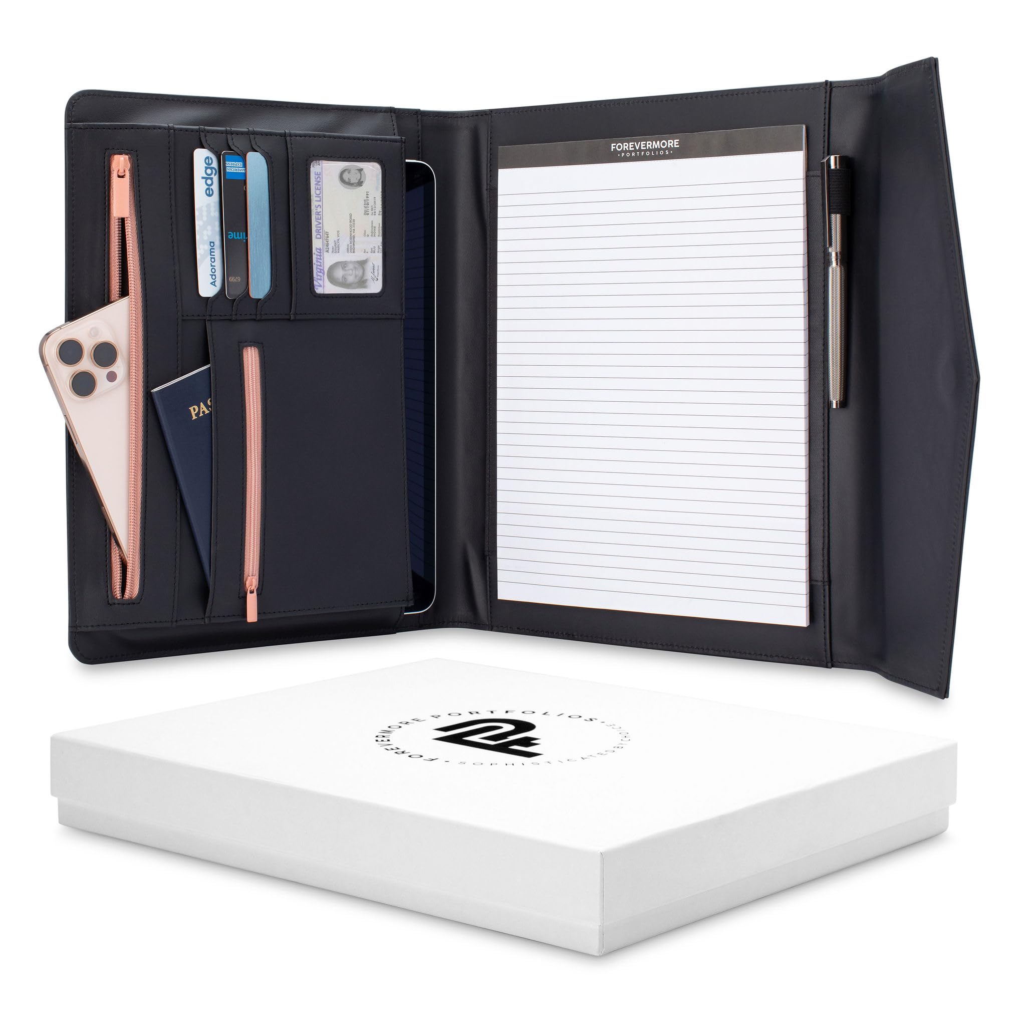 Photo 1 of FOREVERMORE PORTFOLIOS Padfolio Binder Organizer for Women | Faux Leather Portfolio Folder for Resume, Documents, Notebook, Tablet and Business Cards | Notepad Included - Black