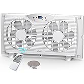 shinic Twin Window Fan with Remote, 9-Inch Blades Reversible Airflow, Thermostat Control, 3 Speeds, 3 Functions, 23.8"-37" Ex