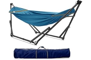 Tranquillo Uniki Hammock Stand 550 lbs Capacity, Portable, Collapsible Outdoor Hammock with Stand, Signature Steel Stand Breathable Canvas Hammock Net, Blue