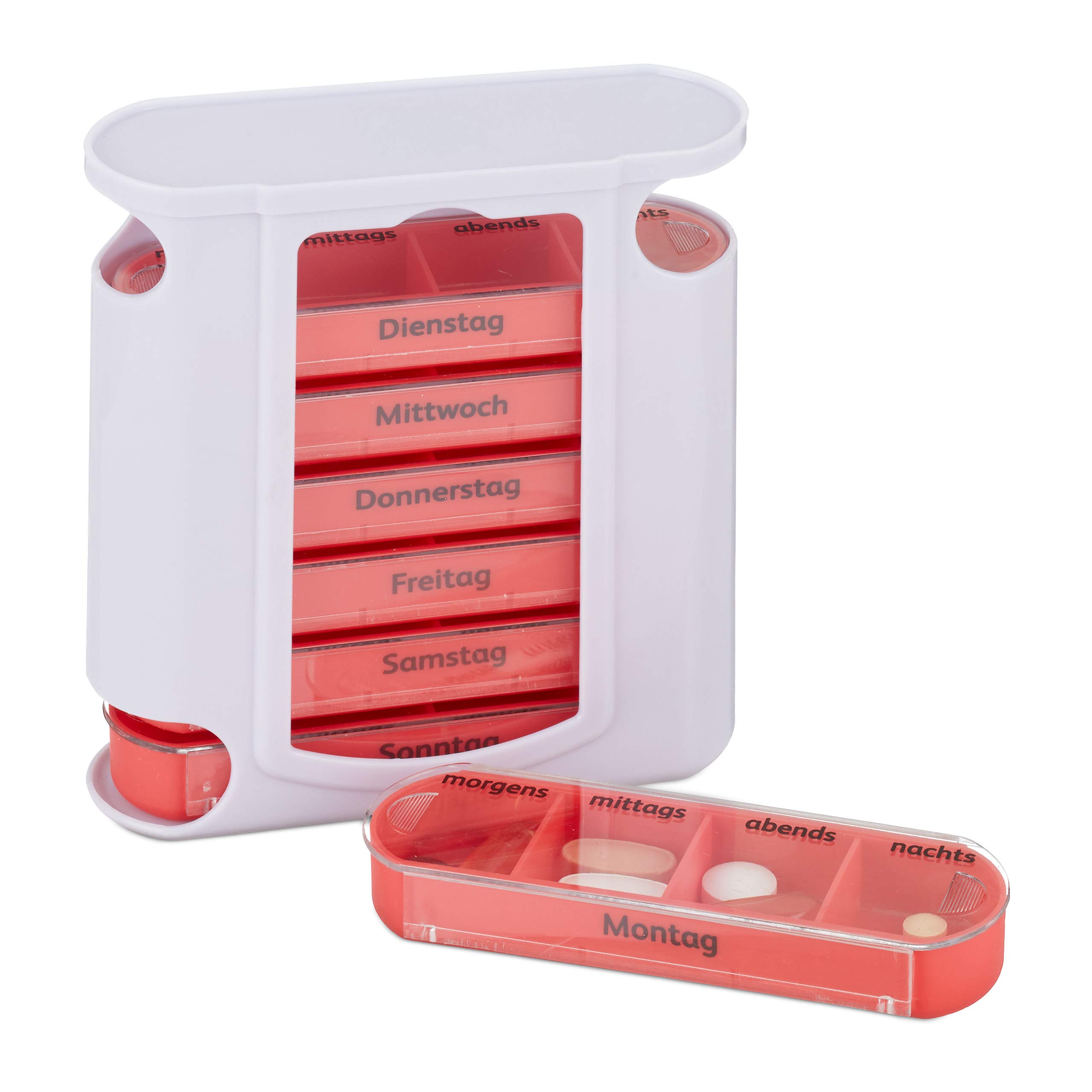 Relaxdays 7-Day Pill Organiser, Weekly Medicine Box, 4 Compartments, Morning, Noon, Evening, Night, White/Red