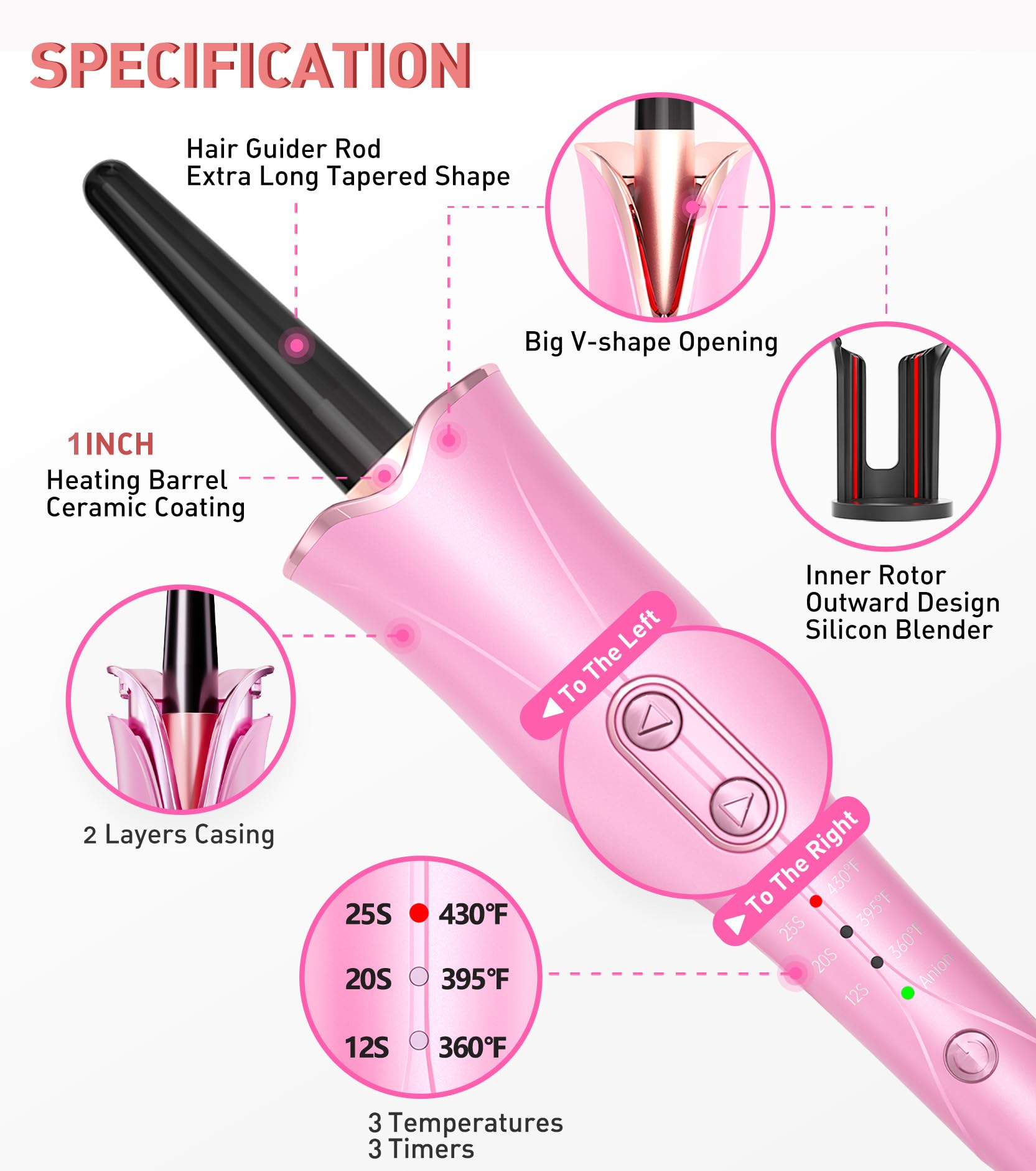 Automatic Curling Iron, Curling Wand Self Rotating for Medium and Long Hair, with Guider Rod - Easy to Use, No Burns, No Tangle, Fast Curl, 1 Inch, Dual Voltage, Automatic Hair Curler for Teen Girls