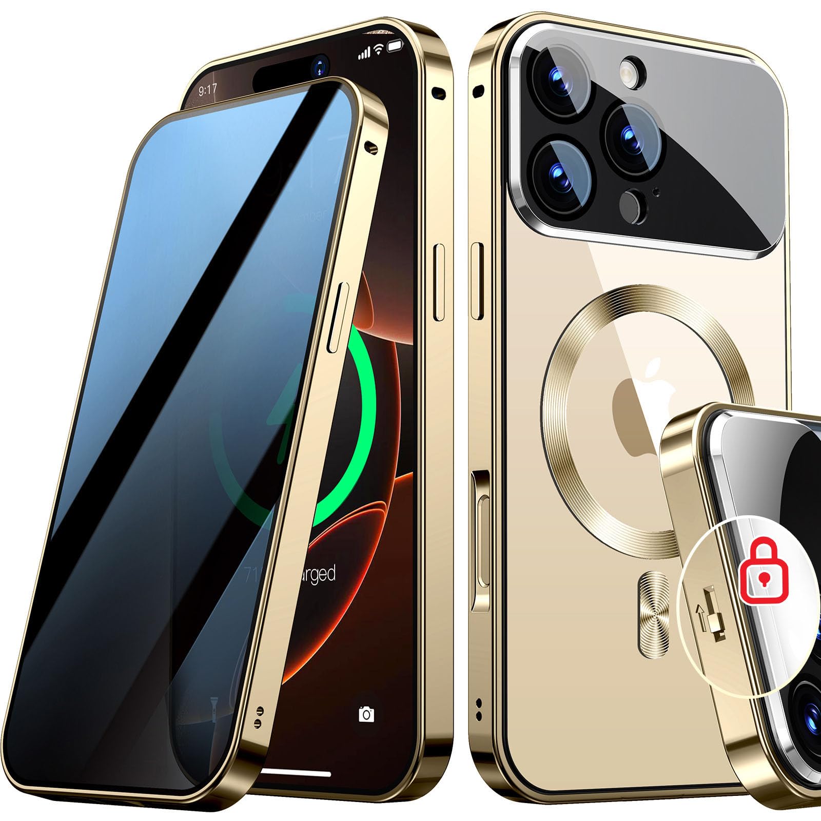 Photo 1 of [Full Camera Protection& Mechanical Lock]Magnetic Privacy Case for iPhone 16 Pro Max[Compatible with MagSafe] [CD Metal Ring]Full Body Shockproof Metal Bumper, 9H Anti Peeping Glass Cover-Gold