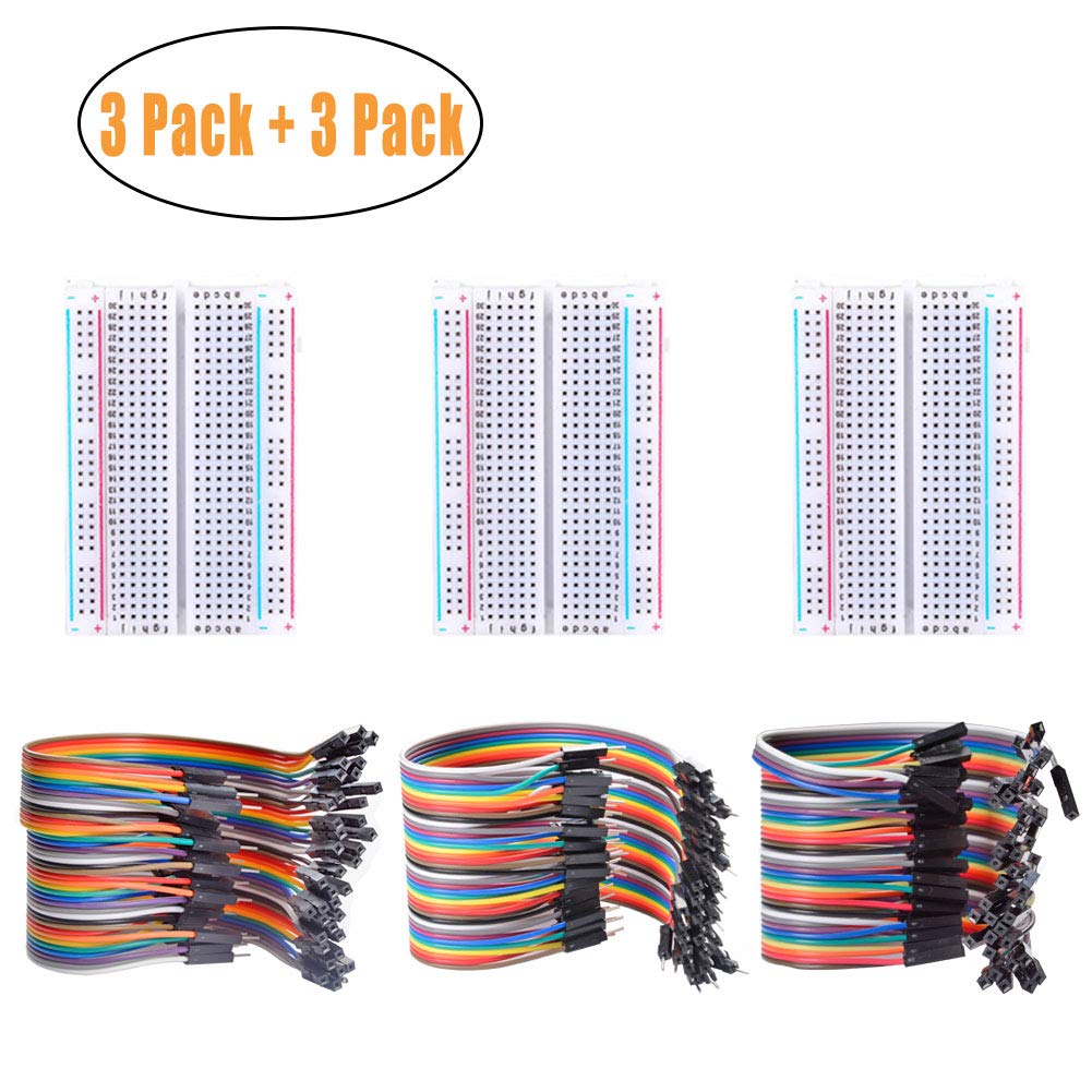 FICBOX 3 Pcs 400 tie points Solderless Breadboard with 120pcs Dupont Wire 40pin Male to Female, 40pin Male to Male, 40pin Female to Female Jumper Wires for arduino (3 Breadboard+3 Dupont Wire)