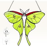 Luna Moth Stained Glass Window Hanging - Handmade Real Glass Suncatcher for Meditation Room, Spiritual Decor, Sun Catcher for Windows, Vibrant Gift for Women & Mom, 7.3 Inch Glass Art (Green02)