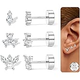 ORAZIO 925 Sterling Silver Flat Back Stud Earrings for Women Hypoallergenic 14K Gold Plated Cartilage Earrings for Sensitive Ears Small CZ Opal Conch Helix Tragus Piercing Jewelry 3 Pairs 20G