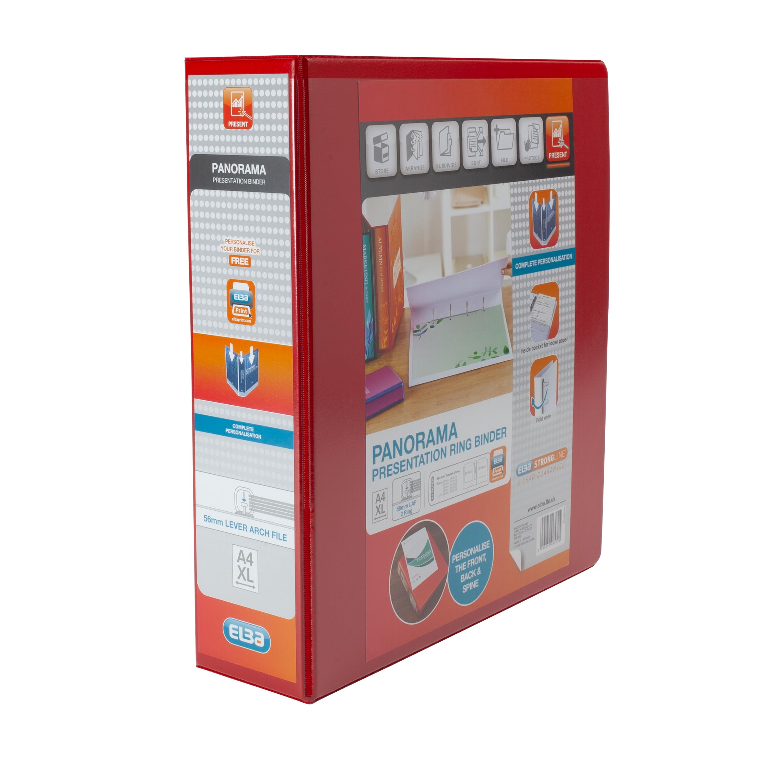 Elba A4 2 O-Ring Lever Arch File, 56mm capacity, 90mm spine, Presentation Folder with Customisable Cover, Portrait, Red (Single)