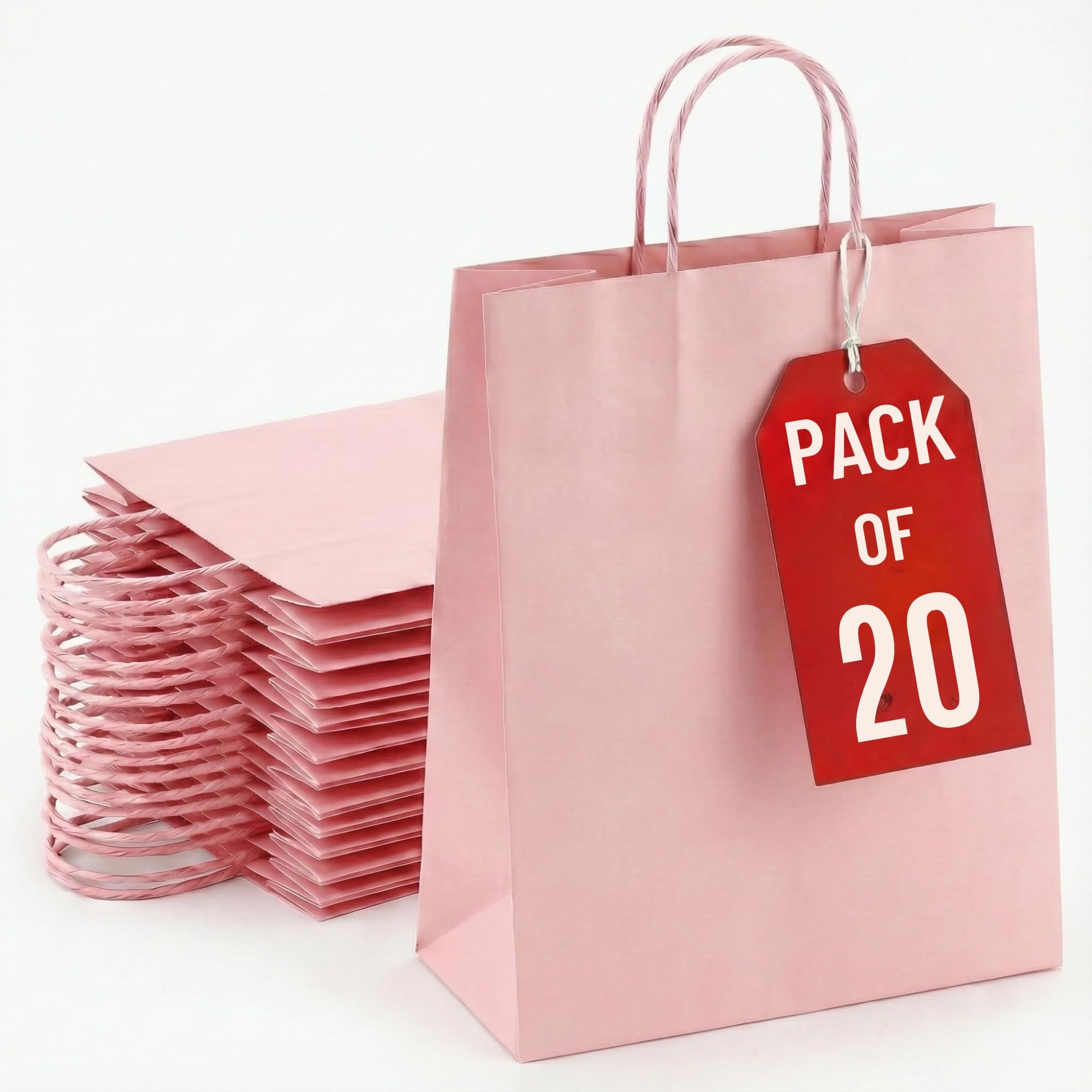 Kids Party Bags - 20Pcs Wrinkle Free Paper Party Bags with Twisted Handles - Pink Party Bags, 100gsm Strong Recyclable Gift & Kraft Bags for Birthdays & Baby Showers 24×18×8cm
