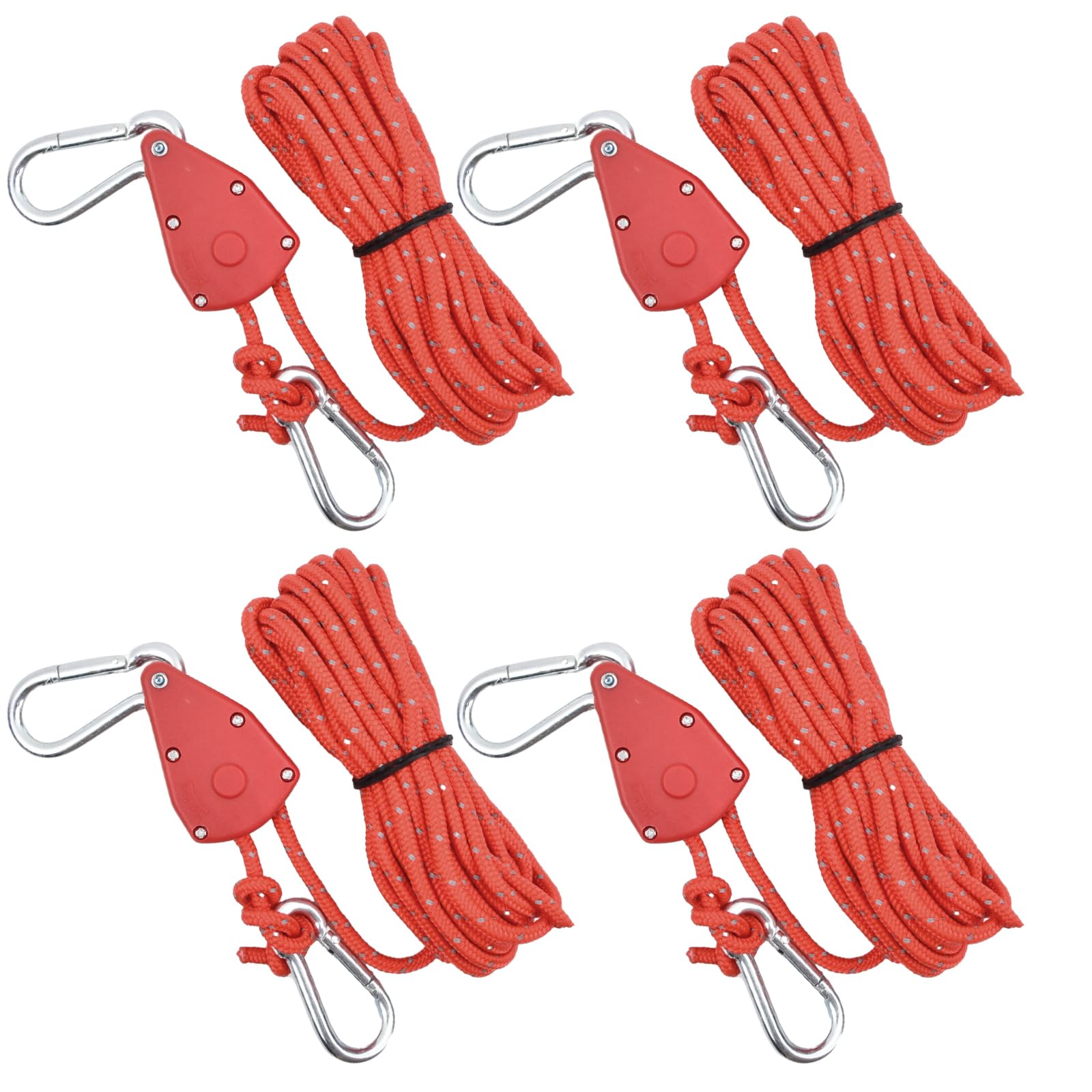 4 Pack Tent Guy Ropes Heavy Duty, 6mm Camping Cord Rope Reflective, Awning Guide Ropes 5M, Rope Ratchet Adjustable with Pulley, with Aluminum Tensioner for Hiking Caravan Outdoor (Red, 6mm)