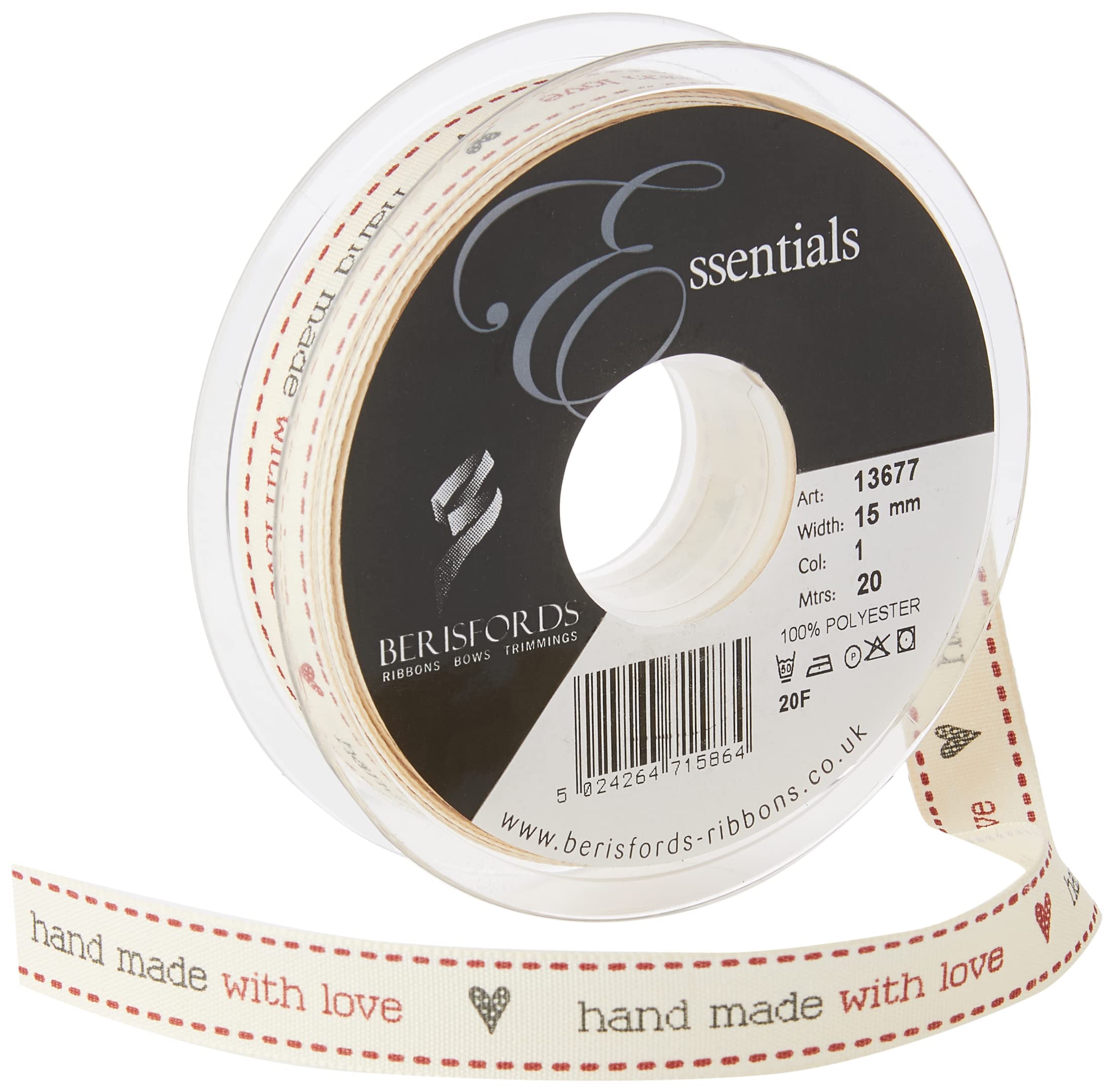 Berisfords 15 mm Hand Made with Love Ribbon, Natural 13677-NT-15