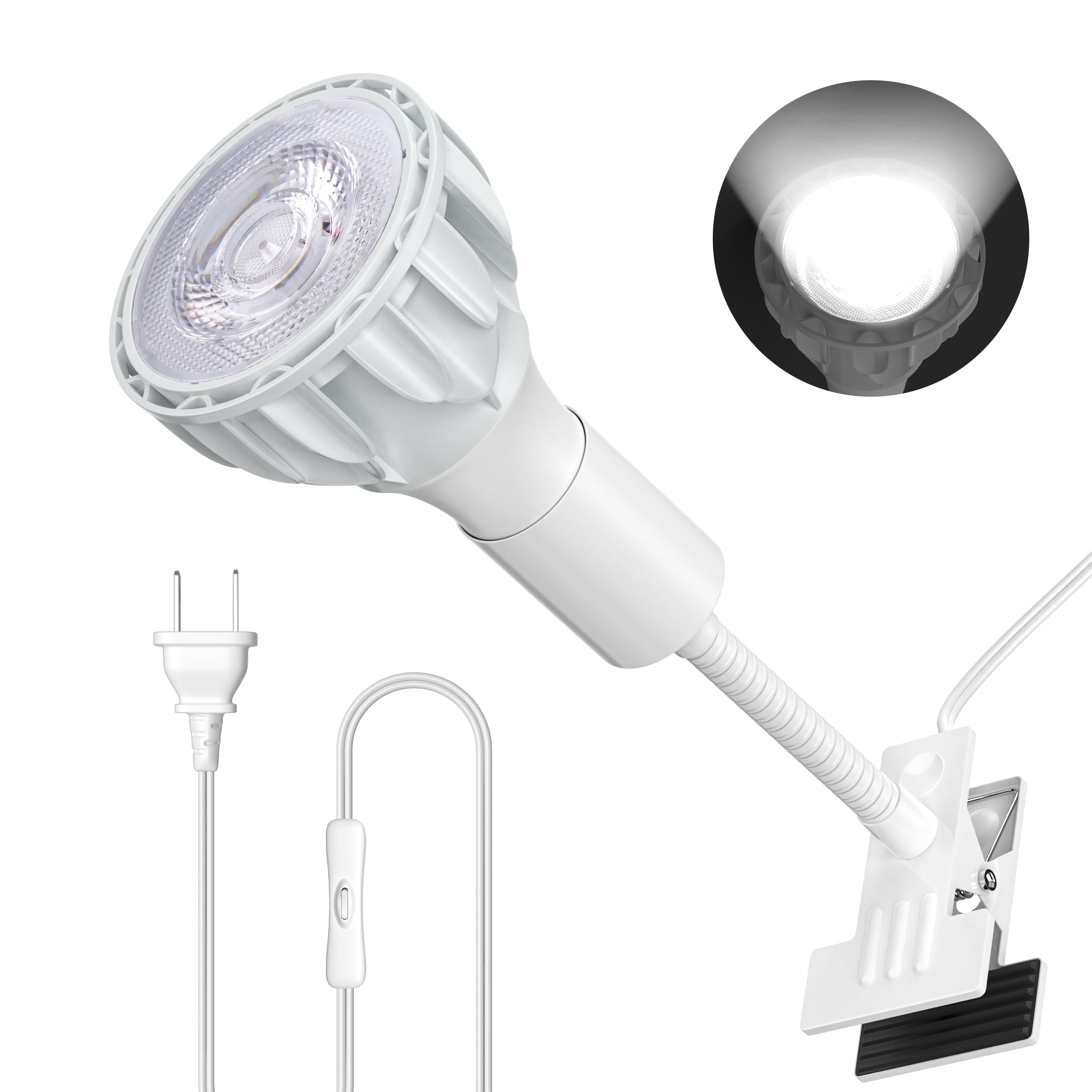 Pispoer クリップランプ、24W 植物育成ランプ、演色性 RA98 フルスペクトル（植物育成光を満足）、色温度5800K(昼白色)、グースネック長 13.5CM、スイッチ線長 1.65M、（ホワイト） の商品画像