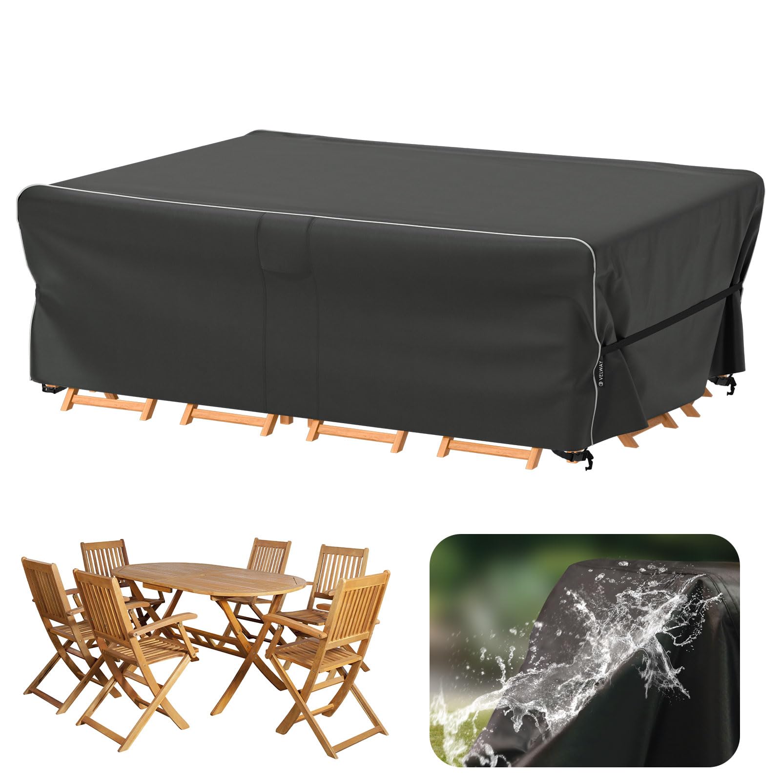 Velway Garden Furniture Covers Waterproof - 200x160x74cm Outdoor Table Cover Tear-Resistant with Reflective Strip Air Vent 600D Anti-UV Windproof for Outside Patio Table and Chair Rattan Sofa - Black