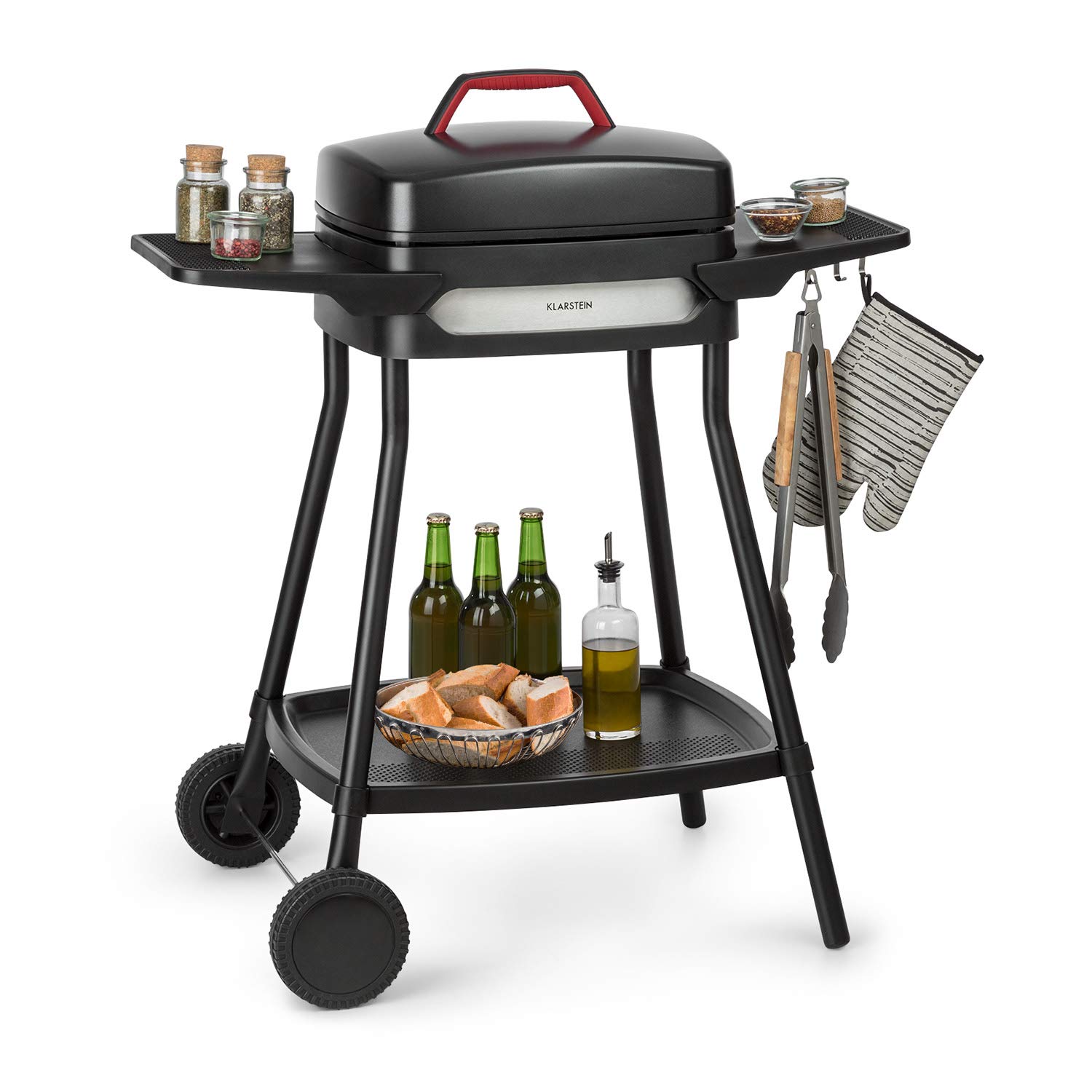 Klarstein Gatsby Elektrogrill Standgrill Tischgrill, Leistung: 2000 W, EasyGrill Concept, Grillfläche: 40 x 36 cm/Aluminiumdruckguss/Antihaft/Grillhaube, zwei Seitentische, schwarz