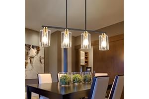 Mecgirn Island Light for Kitchen, Black and Gold Dining Room Light Fixture Over Table, 4-Light Linear Chandelier Pendant Lighting for Dining Table Kitchen Island Living Room