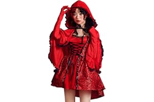 OPLXUO Gothic Little Red Riding Hood Costume for Women Lace-up High Low Hem Print Hood Cape Mini Party Dress (No Gloves)