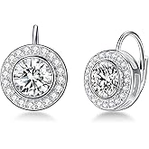 Halo Earrings 925 Sterling Silver Classic Round Cut Halo Leverback Earrings with Birthstone Crystal from Austria, Birthday Jewelry Gifts for Women