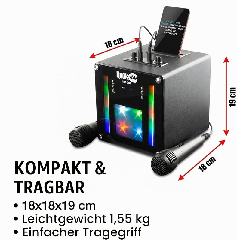 Singcube 5-Watt Rechargeable Bluetooth Karaoke Machine with Two Microphones, Voice Changing Effects & LED Lights